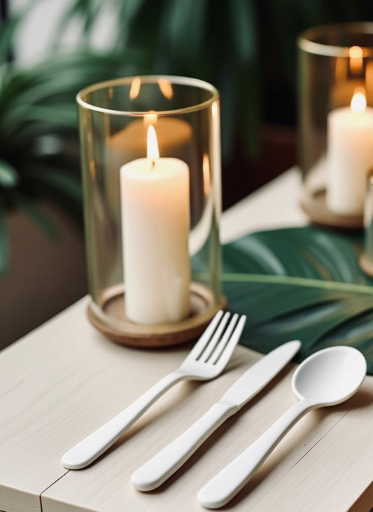 Hospitality: Biodegradable PLASTIC FREE Plant Fiber Utensils Set (Knife, Fork, Spoon). Available In White, Black Or Custom